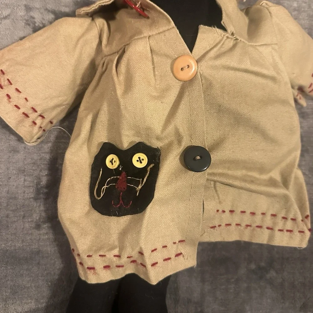 Pair of Y2K Folk Art Black Cat Cloth Dolls | Primitive Farmhouse Handmade Style